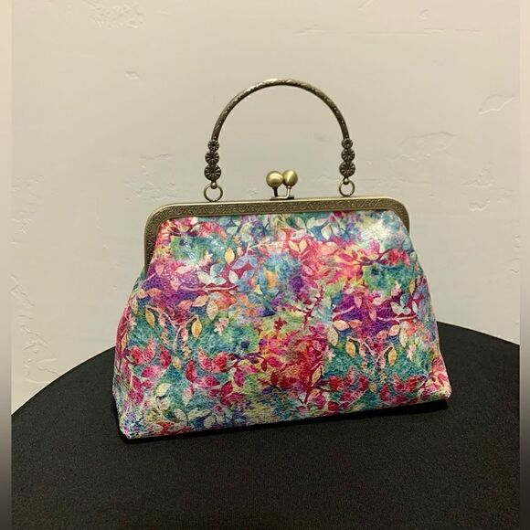 Handmade Genuine Leather Floral Print Kisslock Top Handle bag & Small Purse Set - Picture 10 of 16